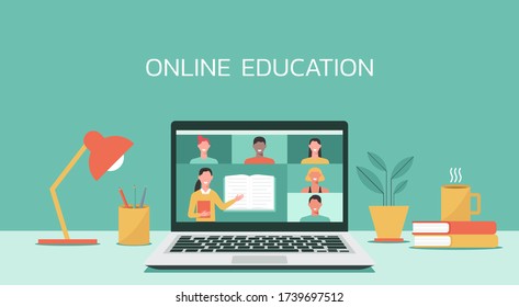 E-learning, online education, online course concept, home school, woman teacher teaching students on laptop computer screen, distance learning, flat vector illustration