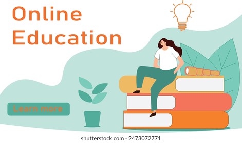 E-learning, online education, online course concept, home school, distance learning, new normal, vector flat illustration	