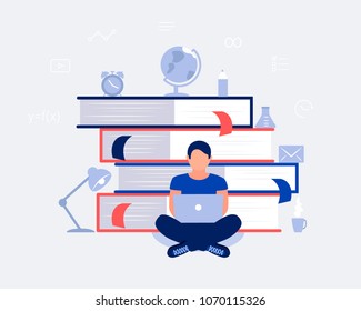 E-learning, online education design concept. Student boy with laptop sitting at a pile of books. Online distance studying. Flat design. Vector illustration.