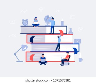 E-learning, online education design concept. Students with laptop sitting at a pile of books. Online distance studying. Flat design. Vector illustration.