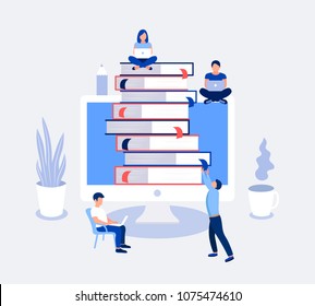 E-learning, online education design concept. Students with laptop sitting at a pile of books. Online distance studying. Flat design. Vector illustration.