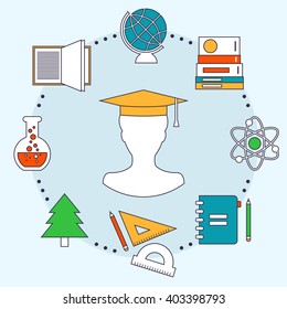 E-learning and online education design concept. Symbols for web and mobile services and apps. Vector illustration