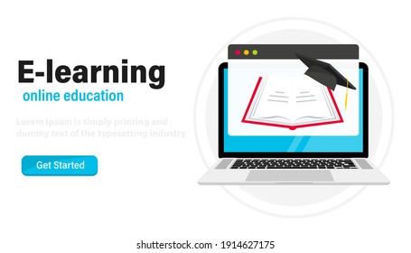 E-Learning, Online-Bildung. Digitale Online-Bildung. Heimunterricht. Laptop-Webseite mit offenem Buch und einem Graduationshut. Web-Kurse oder Tutorials, Lernkonzept auf Laptop-Bildschirm. Fernprüfung