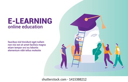 E-Learning Online Education. Distance Learning. Advertising Image. Vector Illustration. Getting Diploma. People Achive Goal. Workout. Study Art. Remote Access. White Background and Text.