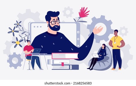 E-learning, online education, e-book. Technology and digital culture. Staff education, consulting, college, training application. Vector illustration.