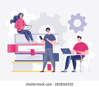 E-learning, online education, e-bookTechnology and digital culture. Staff training, consulting, college, education app. Freelance work in comfortable conditions. Vector. Flat cartoon style.