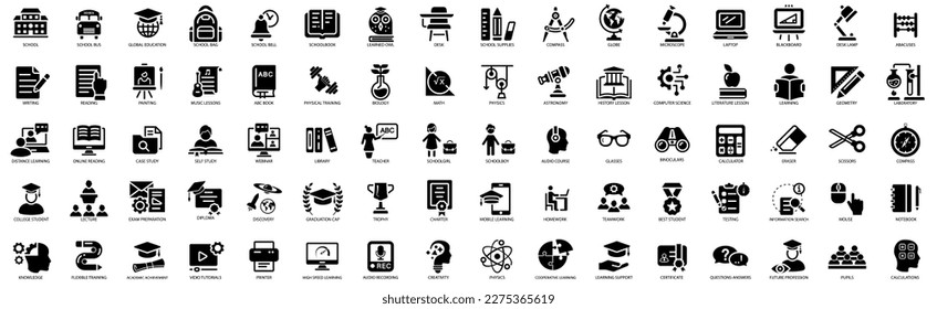 E-learning, online education elements icon set, school education. Simple vector illustration.