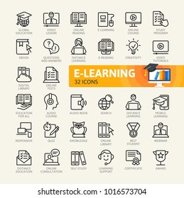 E-learning, online education elements - minimal thin line web icon set. Outline icons collection. Simple vector illustration.