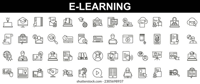 E-learning, online education elements - minimal thin line web icon set. Outline icons collection. Simple vector illustration.