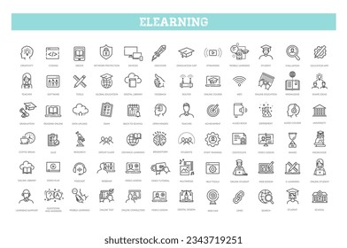 E-learning, online education elements. Vector line symbols