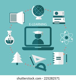 E-learning and online education flat design concept. Icons for web and mobile services and apps. Icons for education, online education, online learning. Vector illustration