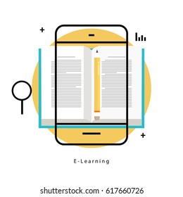E-learning, online education flat line vector illustration design. Distance education, online trainings, courses, internet studying, online book, tutorials design for mobile and web graphics