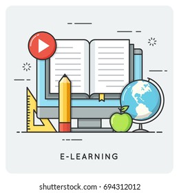 E-learning, online education. Flat line art style concept. Vector illustration.