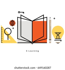 E-learning, online education flat vector illustration design. Distance education, online trainings, courses, internet studying, online book, tutorials design for mobile and web graphics