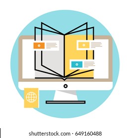 E-learning, online education flat vector illustration design. Distance education, online trainings, courses, internet studying, online book, tutorials design for mobile and web graphics