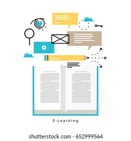 E-learning, online education flat vector illustration design. Distance education, online trainings, courses, internet studying, online book, tutorials design for mobile and web graphics