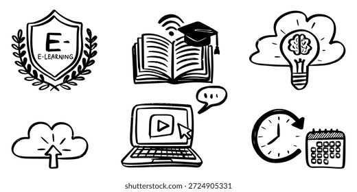 Handgezeichnetes Icon-Set für E-Learning und Online-Bildung