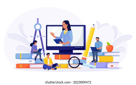 E-learning, Online education at home by webinar training. Young people using laptop for distance studying. Guys sitting on pile of books and reading. Business training, study guides, exam preparation