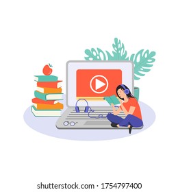 E-learning, online education at home concept.
Distance education, online courses, tutorials, webinar, digital classroom, online teaching metaphors. Flat vector illustration, isolated objects.