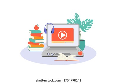 E-learning, online education at home concept.
Distance education, online courses, tutorials, webinar, digital classroom, online teaching metaphors. Flat vector illustration, isolated objects.