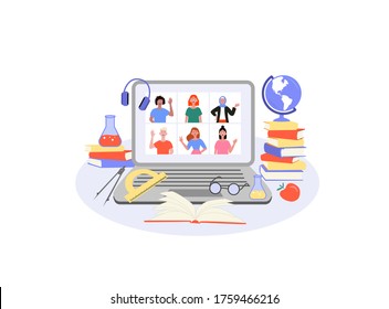 E-learning, online education at home concept.
Distance education, online courses, tutorials, webinar, digital classroom, online teaching metaphors. Flat vector illustration, isolated objects.