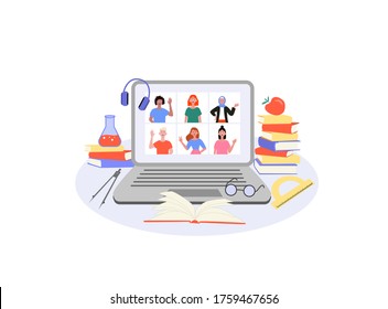 E-learning, online education at home concept.
Distance education, online courses, tutorials, webinar, digital classroom, online teaching metaphors. Flat vector illustration, isolated objects.