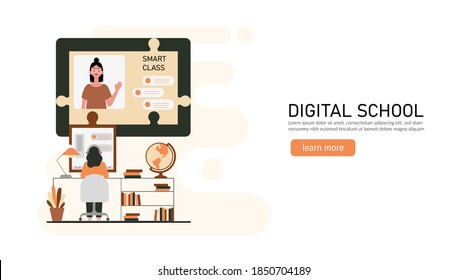 E-learning, online education at home concept.
Distance education, online courses, tutorials, webinar, digital classroom, online teaching metaphors. Flat vector illustration, isolated objects.