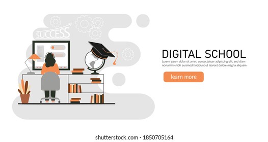 E-learning, online education at home concept.
Distance education, online courses, tutorials, webinar, digital classroom, online teaching metaphors. Flat vector illustration, isolated objects.