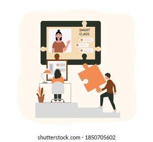 E-learning, online education at home concept.
Distance education, online courses, tutorials, webinar, digital classroom, online teaching metaphors. Flat vector illustration, isolated objects.