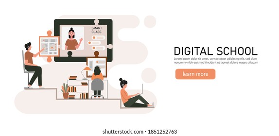 E-learning, online education at home concept. Banner.
Distance education, online courses, tutorials, webinar, digital classroom, online teaching metaphors. Flat vector illustration, isolated objects.