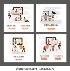 E-learning, online education at home concept. Banner.
Distance education, online courses, tutorials, webinar, digital classroom, online teaching metaphors. Flat vector illustration, isolated objects.