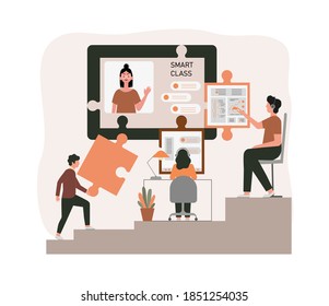 E-Learning, Online-Bildung zu Hause Konzept.
Fernunterricht, Online-Kurse, Tutorials, Webinar, digitales Klassenzimmer, Online-Unterrichtsmetaphern. Flache Vektorgrafik, einzelne Objekte.