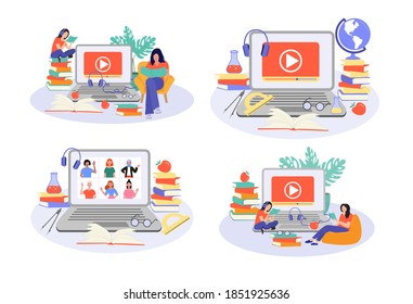 E-learning, online education at home concept.
Distance education, online courses, tutorials, webinar, digital classroom, online teaching metaphors. Flat vector illustration, isolated objects.