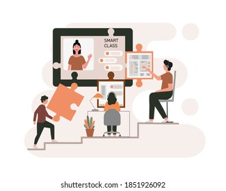 E-learning, online education at home concept.
Distance education, online courses, tutorials, webinar, digital classroom, online teaching metaphors. Flat vector illustration, isolated objects.