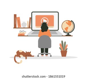 E-learning, online education at home concept.
Distance education, online courses, tutorials, webinar, digital classroom, online teaching metaphors. Flat vector illustration, isolated objects.