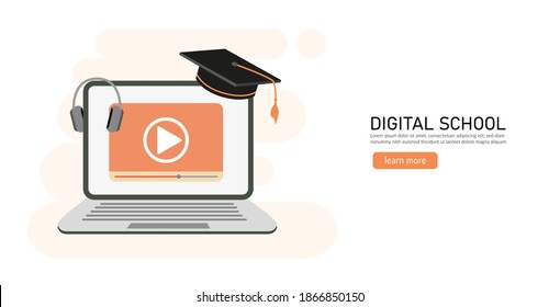 E-learning, online education at home concept.
Distance education, online courses, tutorials, webinar, digital classroom, online teaching metaphors. Flat vector illustration, isolated objects.