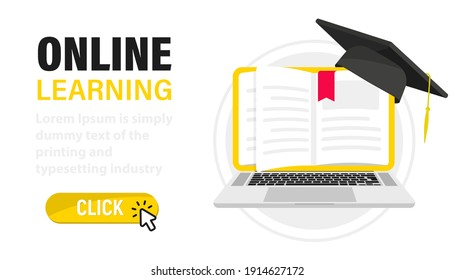 E-learning, online education at home. Digital Online Education. Laptop with book's pages as screen. Web page with books and a Graduation hat. Online training, workshops and courses, cloud technology