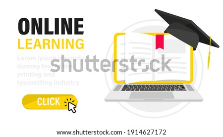 E-learning, online education at home. Digital Online Education. Laptop with book's pages as screen. Web page with books and a Graduation hat. Online training, workshops and courses, cloud technology