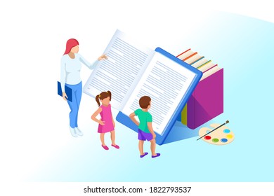 E-learning, Online Education at Home. Isometric concept for Digital Reading, E-classroom Textbook, Modern Education, Online Training and Course, Audio Tutorial, Distance Education, Ebook and Students