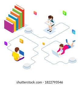 E-learning, Online Education at Home. Isometric concept for Digital Reading, E-classroom Textbook, Modern Education, Online Training and Course, Audio Tutorial, Distance Education, Ebook and Students