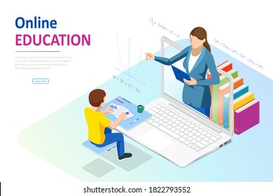 E-learning, Online Education at Home. Isometric concept for Digital Reading, E-classroom Textbook, Modern Education, Online Training and Course, Audio Tutorial, Distance Education, Ebook and Students