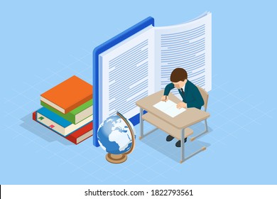 E-learning, Online Education at Home. Isometric concept for Digital Reading, E-classroom Textbook, Modern Education, Online Training and Course, Audio Tutorial, Distance Education, Ebook and Students