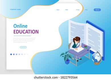 E-learning, Online Education at Home. Isometric concept for Digital Reading, E-classroom Textbook, Modern Education, Online Training and Course, Audio Tutorial, Distance Education, Ebook and Students