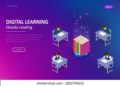 E-learning, Online Education at Home. Isometric concept for Digital Reading, E-classroom Textbook, Modern Education, Online Training and Course, Audio Tutorial, Distance Education, Ebook and Students