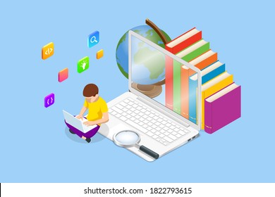 E-learning, Online Education at Home. Isometric concept for Digital Reading, E-classroom Textbook, Modern Education, Online Training and Course, Audio Tutorial, Distance Education, Ebook and Students