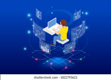 E-learning, Online Education at Home. Isometric concept for Digital Reading, E-classroom Textbook, Modern Education, Online Training and Course, Audio Tutorial, Distance Education, Ebook and Students