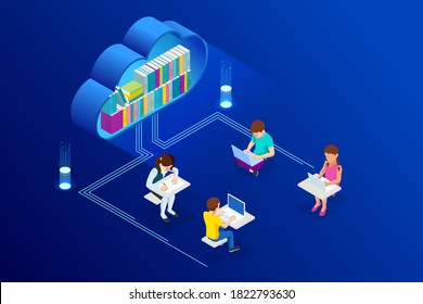 E-learning, Online Education at Home. Isometric concept for Digital Reading, E-classroom Textbook, Modern Education, Online Training and Course, Audio Tutorial, Distance Education, Ebook and Students