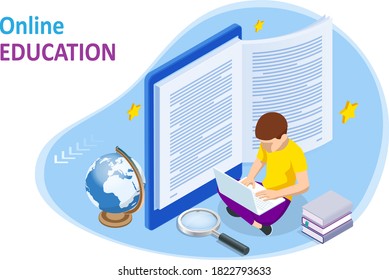 E-learning, Online Education at Home. Isometric concept for Digital Reading, E-classroom Textbook, Modern Education, Online Training and Course, Audio Tutorial, Distance Education, Ebook and Students