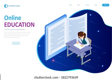 E-learning, Online Education at Home. Isometric concept for Digital Reading, E-classroom Textbook, Modern Education, Online Training and Course, Audio Tutorial, Distance Education, Ebook and Students