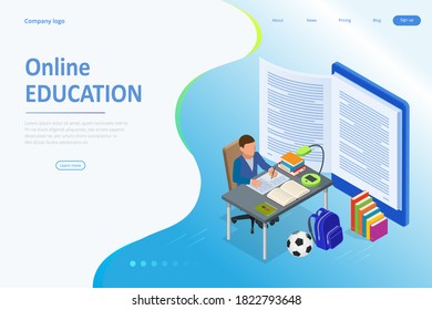 E-learning, Online Education at Home. Isometric concept for Digital Reading, E-classroom Textbook, Modern Education, Online Training and Course, Audio Tutorial, Distance Education, Ebook and Students